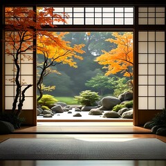 A serene and tranquil Japanese garden, featuring vibrant orange leaves on trees set against a backdrop of large rocks and lush greenery.