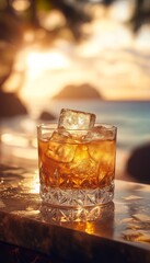 artisan whiskey sour cocktail in a glass with ice at a bar on the beach