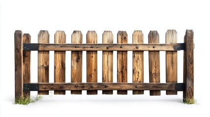 Obraz premium Ranch-style wooden fence isolated on a white background, designed for outdoor enclosures. 