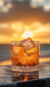 artisan whiskey sour cocktail in a glass with ice at a bar on the beach