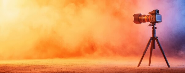 A camera on a tripod stands against a colorful misty background, emphasizing creativity and photography.