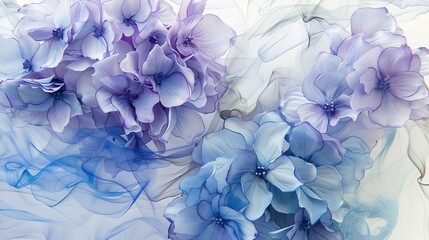 Obraz premium A creative image features pastel blue and purple Hydrangea flowers beautifully presented on an artistic ink background. The soft, dreamy hues of the pastel blue and purple Hydrangeas contrast charming