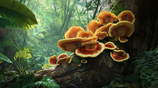 Artistic capture of reishi mushrooms on tree trunk amidst lush greenery showcasing vibrant colors