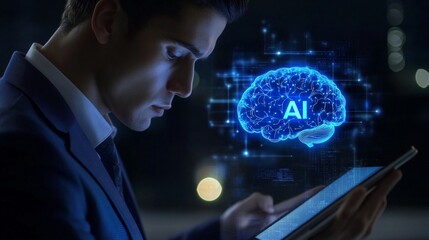 Executive Deep in Thought with AI Concept Overlaid on Brain