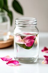 Glass jar filled with water and petals on a white background .