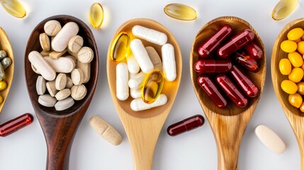 A modern flat-lay design showcasing a variety of nutritional supplements and vitamins designed to enhance longevity and wellness.