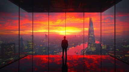 Plakat Businessman silhouette at sunset overlooking London cityscape from skyscraper.