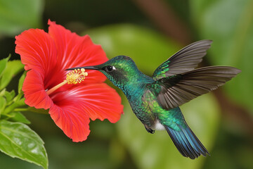Iridescent Green Hummingbird Feeding on Bright Red Hibiscus Flower in Tropical Garden - Bird-Watching Enthusiasts