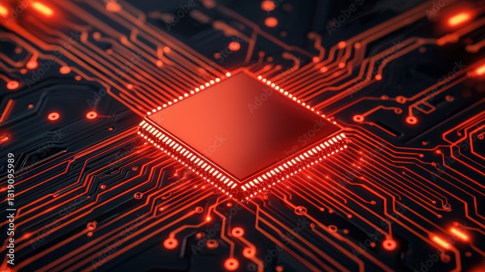 Poster a close-up of a red-lit microchip on a dark circuit board, showcasing intricate patterns and electro