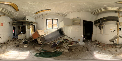 A captivating 360 HDRI panorama of an abandoned and ruined hotel room, showcasing the haunting beauty of decay. The high-dynamic-range imaging reveals intricate details like peeling wallpaper.