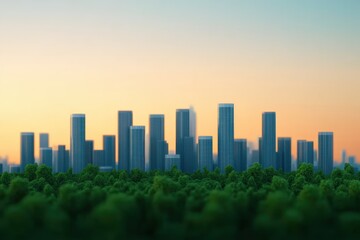 Obraz premium Futuristic green city skyline emerging from a lush forest at sunset