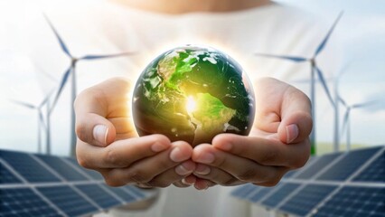 A person holds a glowing Earth surrounded by wind turbines and solar panels, symbolizing sustainability and renewable energy.