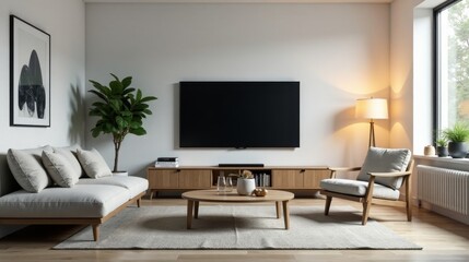 Fototapeta premium Modern minimalist living room with light wood furniture, a neutral color scheme, and a large flat-screen television