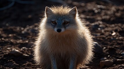 Naklejka premium Arctic fox, sunlit, rocky terrain, wildlife, nature documentary