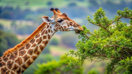 Fototapeta premium A graceful giraffe delicately feeds on vibrant green foliage, its distinctive patterned neck elegantly arched towards the lush branches against a softly blurred natural backdrop.