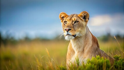 Obraz premium Majestic Lioness in Serengeti-like Savanna, Watching Over Her Domain with Alert Gaze