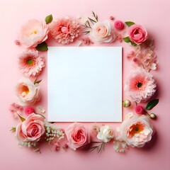 Mockup of white rectangular blank paper sheet laying on pink background with pink roses and Ranunculus. Wedding style. Mother's day concept. Creative spring greeting card design. Floral frame mockup
