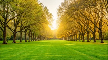 Obraz premium A serene landscape of lined trees bathed in golden sunlight, reflecting a peaceful atmosphere and lush green grass.