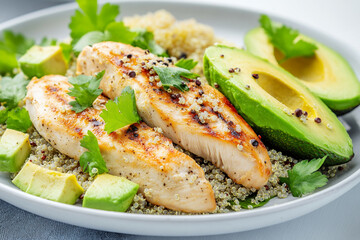 Healthy protein breakfast: chicken breast with avocado and quinoa, on a white background