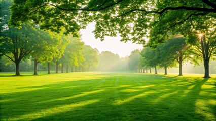 Obraz premium A serene park landscape with lush green grass and trees, illuminated by soft morning light, creating a peaceful and refreshing atmosphere.