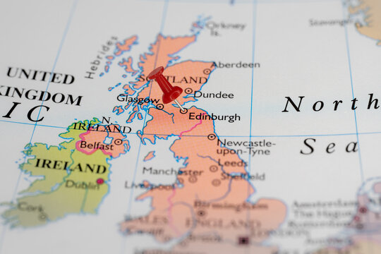 Colorful tourist location map with red stick pin at  Edinburgh, Scotland, and the surrounding countries
