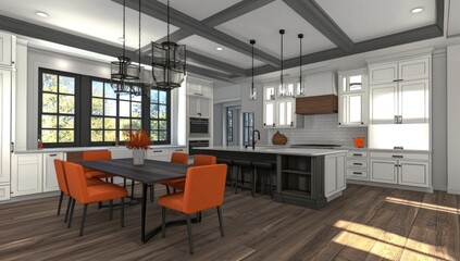Modern kitchen design with island, dining table, and white cabinets.