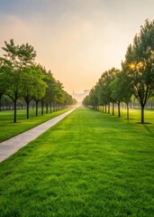 Obraz premium A serene pathway lined with trees, leading through lush green grass under a soft, golden sunrise.