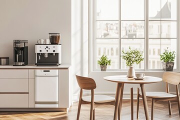 Modern kitchen with coffee machine, table, and chairs near window.
