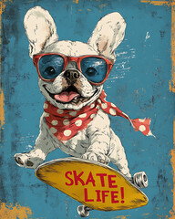Cute French bulldog puppy wearing sunglasses and a red and white polka dot bandana, skateboarding.
