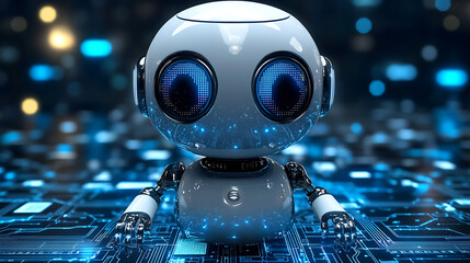 Cute robot sitting on circuit board, digital future.