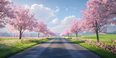 Naklejka premium Calm Countryside Road Lined with Cherry Blossom Trees for Springtime Beauty, Travel Inspiration, or Serene Nature Walks