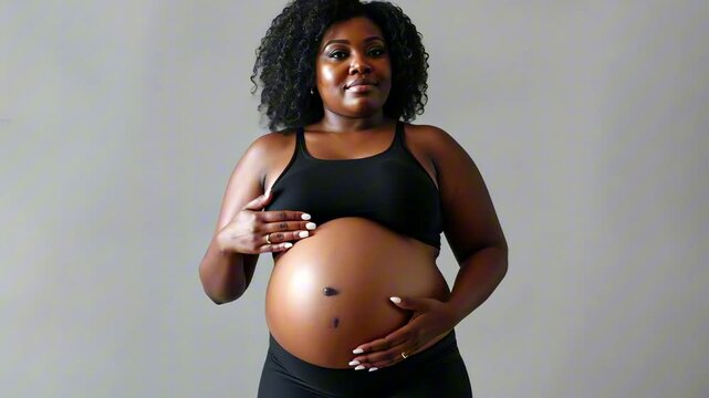 Pregnant afro american woman in a black sports bra gently holding her belly with a calm and confident expression. Concept of body positivity and maternal strength