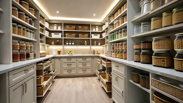 Spacious Walk-In Pantry with Wooden Shelves and Glass Jars Filled with Dry Goods in a Modern Home Kitchen Storage

