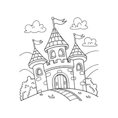 clean and precise line art , Kawaii style coloring pages, a whimsical fairytale castle illustration 