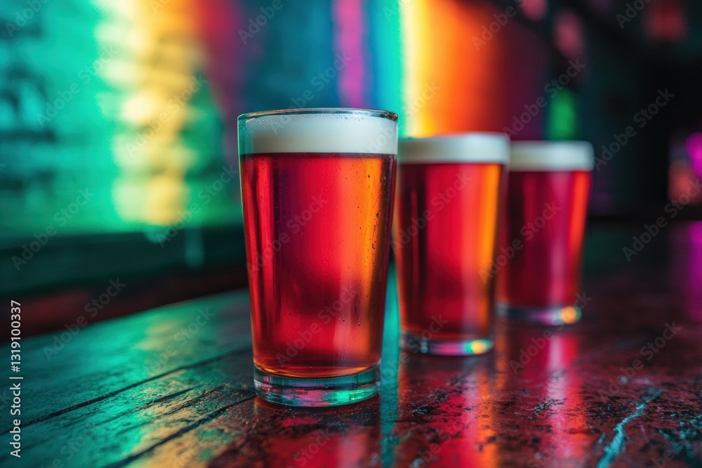 Poster Three pints of beer resting on bar with colorful backdrop
