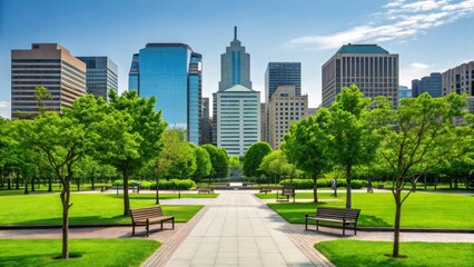 Fototapeta premium A serene park scene with lush greenery and modern skyscrapers in the background, showcasing a harmonious blend of nature and urban architecture.