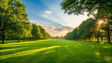 Fototapeta premium A serene landscape featuring a lush green field bordered by trees, illuminated by soft sunlight filtering through the clouds.