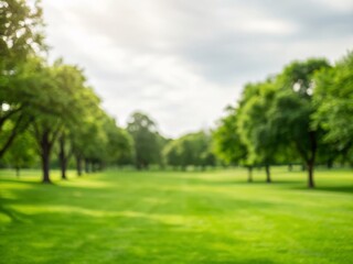 Fototapeta premium A blurred landscape of green grass and trees under a cloudy sky, evoking a serene and tranquil outdoor setting.