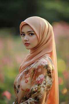 A malay young lady wearing floral design traditional baju kurung.