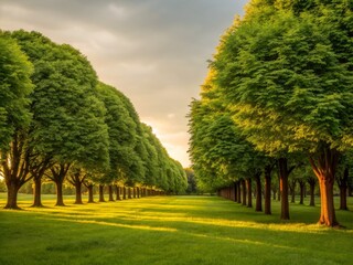 Fototapeta premium Lush green trees line a serene pathway, bathed in warm sunlight, creating a tranquil and picturesque outdoor scene.