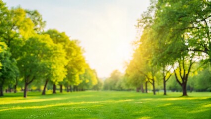 Fototapeta premium A serene park scene with lush green trees and a bright sun shining through, creating a peaceful and inviting atmosphere.