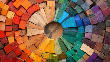Fototapeta premium Vibrant Kaleidoscope Pattern of Wooden Circle Art Pieces