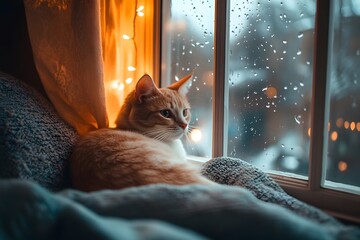 Cat Watching the Rain by the Window