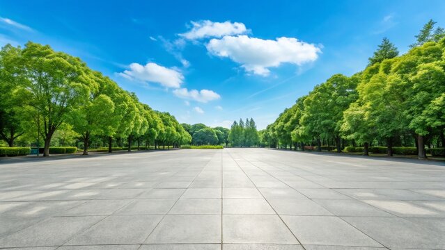 A serene park scene featuring a wide, empty pathway bordered by lush green trees under a bright blue sky with fluffy clouds.