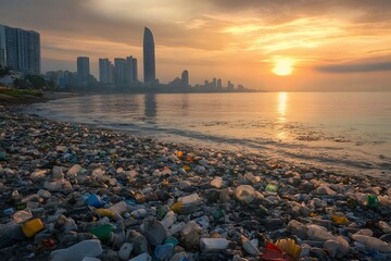 Polluted Beach with Plastic Waste