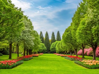 Fototapeta premium A picturesque garden featuring lush green trees and vibrant flower beds, creating a serene and inviting landscape under a clear blue sky.