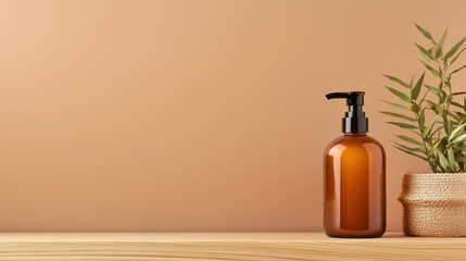 A stylish amber pump bottle sits on a wooden surface next to a potted plant, against a warm, neutral background.