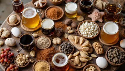 Fototapeta premium Assortment Of Beers Coffees And Sweet Treats On Rustic Wooden Table