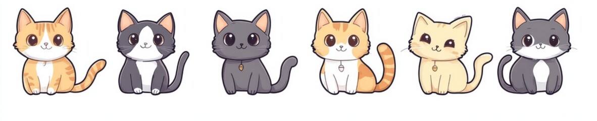 This kawaii cat compilation offers a variety of colors and one-of-a-kind anime character designs, each isolated on a plain background for a clean look