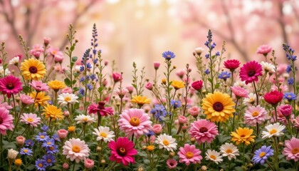 Obraz premium Colorful Wildflower Garden With Pink And Yellow Blossoms Description Vibrant wildflowers in a